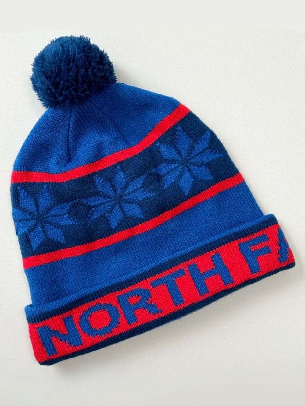 The North Face Nordic Star Blue Red Fair Isle Pompom Knit Winter Beanie ADULT